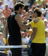 Juan Martin Del Potro is congratulated by Rafael Nadal.JPG