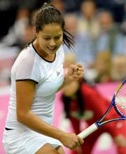Ana Ivanovic celebrates with a clenched fist during Serbia Fed Cup play 2010.JPG
