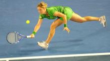 Kim Clijsters running defensive forehand at the Australian Open 2011.JPG