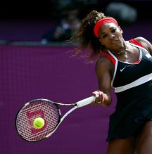 Serena Williams hammers a forehand during the 2012 Olympics.JPG